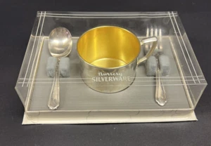 Vintage Nursery Silverplate Baby Fork Spoon & Cup Set Keepsake Collectible Boxed - Picture 1 of 22