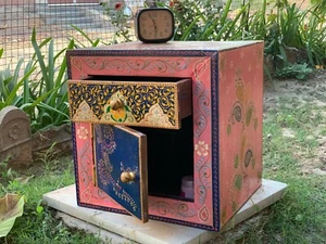 Wooden Cabinet Handmade Floral Embossed Cupboard Small Almirah Single Drawer - Picture 1 of 11