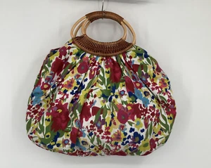 Large Antique Wicker & Canvas Handbag Colorful Floral Boho Beach Vacation - Picture 1 of 13