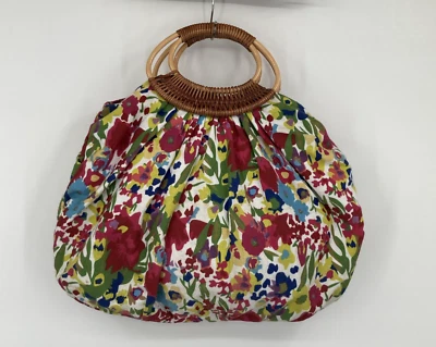 Bolso de Mano Grande Antiguo de Mimbre y Lona Colorido Floral Boho Playa Vacaciones Foto 1 de 4