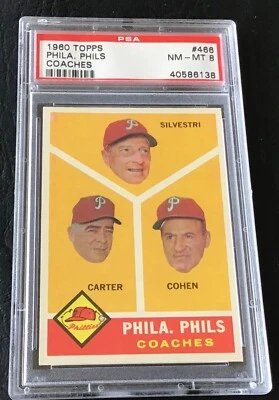 1960 Topps Baseball Trading Card #466 Philadelphia Phillies Coaches  PSA 8 NM-MT - Image 1 of 2
