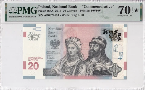 20 Zlotych 2015 Anniversary of Baptism of Poland PMG 70 EXTRA STAR Commemorative Cover