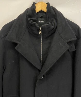 Men Hugo Boss Smart Warm Black Heavy Cashmere Wool Coat Designer Winter Size S-M - Image 1 of 4