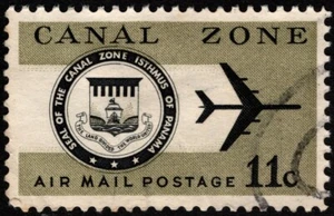 Canal Zone Airmail Stamp Scott #C49 - 11 Cents Olive & Black Jet Airplane & Seal - Picture 1 of 1