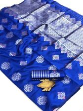 Silver Zari Weaving Blue Lichi Silk Saree With Rich Wonen Pallu Saree Blouse SL