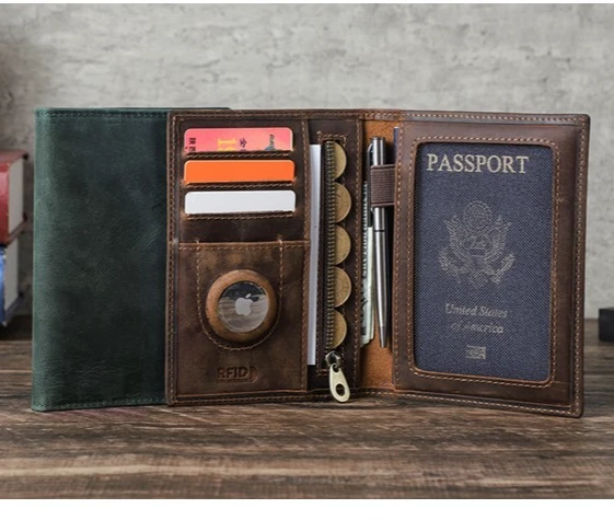 Secure RFID Blocking Passport Wallet Genuine Leather AirTag Holder Card Pockets - Image 1 of 4