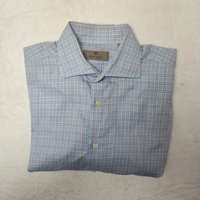Camisa Canali Para Hombres 39 15.5 Azul Vestido a Cuadros Manga Larga Botón Frontal Italia Algodón Foto 1 de 4