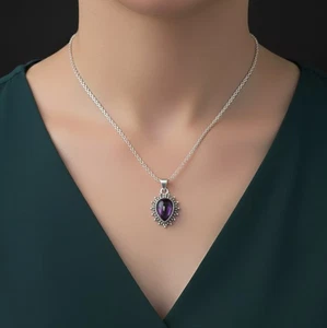Natürlicher Amethyst Birnenschliff Sterlingsilber 925 Anhänger Halskette Schmuck Geschenk - Bild 1 von 5