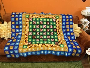 Granny Squares Crochet Afghan Blanket MCM 70s Blue Gold Green Gorgeous - Picture 1 of 8