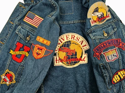 HOT VTG 90's UNISEX UNIVERSAL STUDIO BIG LOGO PATCHED 4 Pck Denim JACKET Jeans M - Image 1 of 4