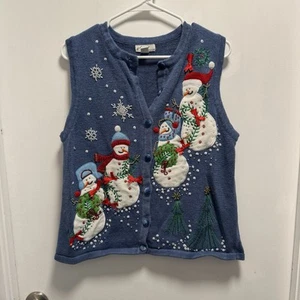Vintage Kim Rogers Womens Knit Embroidered Snowman Christmas Sweater Vest Large - Picture 1 of 8