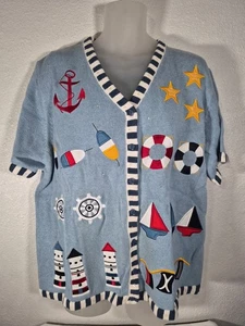 Vtg Quacker Factory Baby Blue Button-Up Cardigan Nautical Sweater Size 2X NWT - Picture 1 of 12