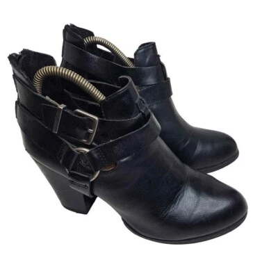 Express Leather Booties Sz 9 Black Ankle Boots Buckle Zip Chunky Heel 3.5" Edgy - Image 1 of 4