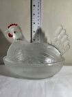 VTG. *  clear glass hen on nest red accent candy dish