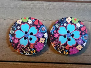 2 Flower Sewing Buttons Crafting Round Wood 4 hole 1 1/8" - Picture 1 of 2