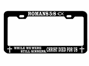 Romans 5:8 Christ Died For Us Cross Fish Christian License Plate Frame - Foto 1 di 4