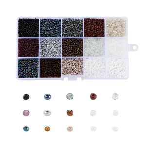 Glass 8/0 3mm Seed Bead 15 Metal Colour Box + Free Beading Needle UK - Picture 1 of 6