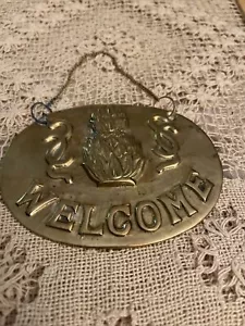 Solid Brass Welcome Hanging Plaque Sign with Embossed Pineapple /Scroll decor - Picture 1 of 5