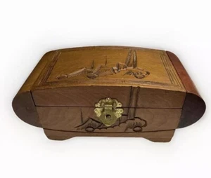 VINTAGE ANTIQUE CHINESE ASIAN Carved WOOD and BRASS JEWELRY BOX Velvet - Picture 1 of 12