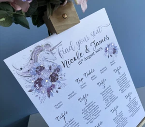 EINHORN Tisch Sitzgruppe PLAN rosa lila Blumen HOCHZEIT Schild silber Punkte Laub - Bild 1 von 4