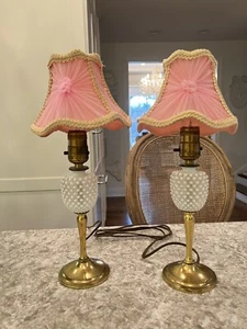 Pair Lamps Hobnail Milk Glass Iridescent Vtg Antique Pink Lamp Shades Boudoir - Picture 1 of 22