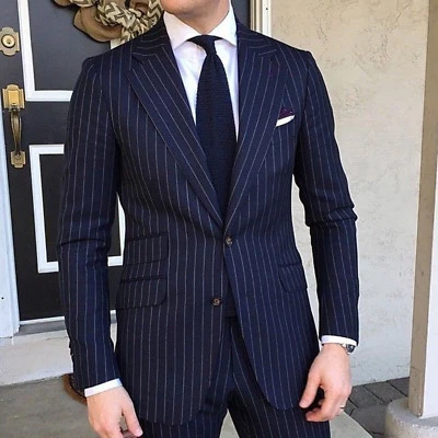 Men Blue Stripes Suit Stylish Designer Wedding Casual Dinner Suits (Coat+Pant) - Image 1 of 2