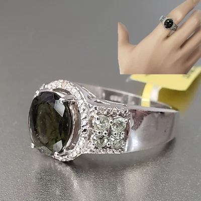 Anillo de platino sobre plata esterlina con diamantes y zafiro verde moldavita talla 9 2,84 quilates Foto 1 de 4