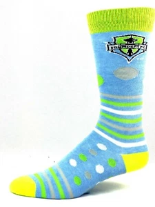Seattle Sounders Soccer Lime Green & Powder Blue Dots & Stripes Crew Socks - Picture 1 of 2