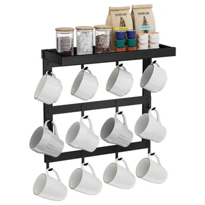 Coffee Mug Rack Wall Mounted, Rustic Metal Mug Holder Organizer with 12 Hooks - Picture 1 of 7