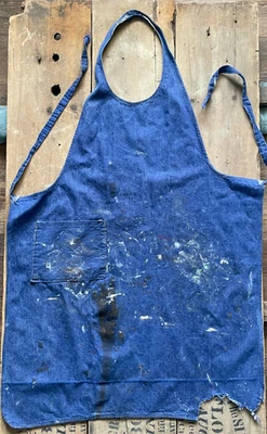 Old Vintage Denim Distressed 32" Shop Apron Painter Woodworker Artist - Image 1 of 4