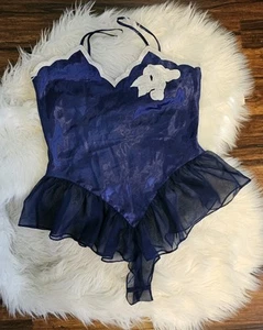 Vintage Victoria's Secret Babydoll Teddy M blau Satin transparent Rüschen Perlen Gold Label - Bild 1 von 5