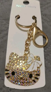 Kätzchen Taschenanhänger Schlüsselanhänger Hallo Strass Schlüsselring Glitzer funkelnd weiß goldfarben - Bild 1 von 7
