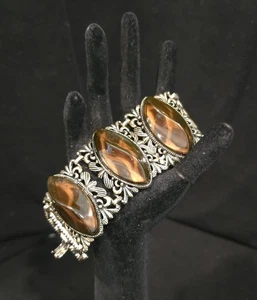 Vintage 1950s Tortoise Link Bracelet Lucite Cabochons Chunky Panel Gold Tone - Picture 1 of 12