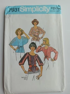 1977 Simplicity Pattern 7931 Cottagecore Blouses Tunics Tops Misses 14 UNCUT FF - Picture 1 of 14