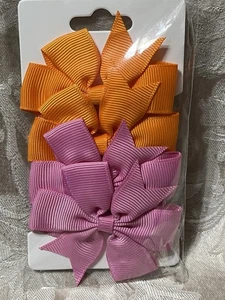 Orange & Pink Hair Bow Grosgrain Ribbon Toddler Trendy Boho Hair Barrette Set - Picture 1 of 3