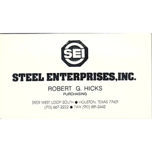 Tarjeta de visita de colección Robert G Hicks Steel Enterprises SEI Houston SC9-B12 - Imagen 1 de 2