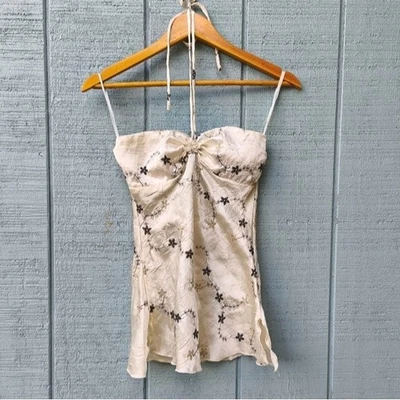 Top halter babydoll bordado floral satinado tocador talla XS negro marfil Y2K Foto 1 de 4