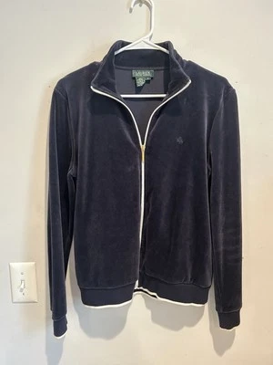 Sudadera con capucha Lauren Ralph Lauren para mujer azul marino de terciopelo con cremallera, talla mediana Foto 1 de 4