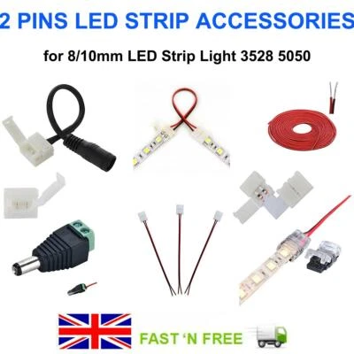 2PIN 8/10MM CONNECTORS CLIP WIRE DC PCB ADAPTER EXTENSION LED STRIP 3528 5050 UK - Image 1 of 4