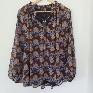 TAHARI WOMAN 1X NWT Black Brown Blue Floral Semi-Sheer LS Ruffle Blouse Cottage - Picture 1 of 14
