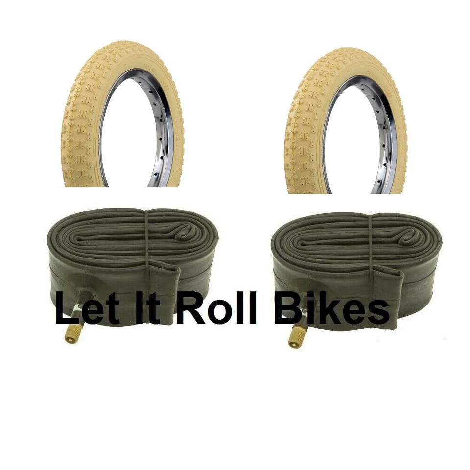 Bicycle 2 Tires 2 Tubes Cream 14"  x 2.125 BMX Lowrider Cruiser Bikes - Image 1 of 1