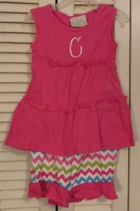 LollyWollyDoodle Girls "C" Monogram 2Pc Short Set Sz 2-3 Pink Blue Green Chevron - Picture 1 of 6