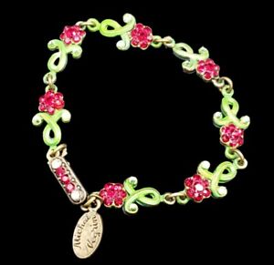 Michal Negrin Bracelet Crystal Red Flowers Green Accent 7 inch Slide Lock Clasp