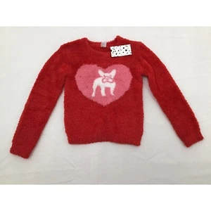 Nordstrom Harper Canyon Sweater Girls Size 5 Red Fur Pullover Top French Bulldog - Picture 1 of 3