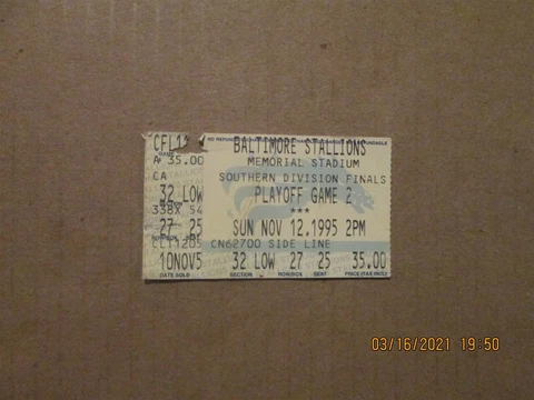 CFL Baltimore Stallions Vintage Defunct Nov.12,1995 Team Logo Ticket Stub Cover