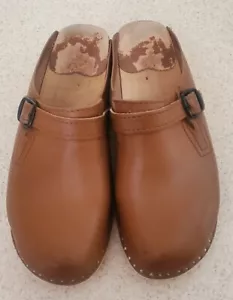 1980s Original Bastad Clog Sweden Wedge Slip on Shoe TAN Leather-Women Size 8 - Picture 1 of 10