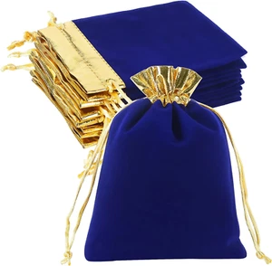 HRX Package 10Pcs Velvet Bags 5X7 Inch, Royal Blue Gold Cloth Jewelry Pouches Dr - Picture 1 of 12