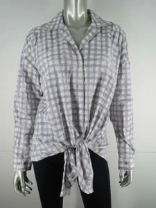 Blusa Top Lafayette 148 Talla M Algodón Gris Blanco Guinga Manga Larga Con Botones - Imagen 1 de 12