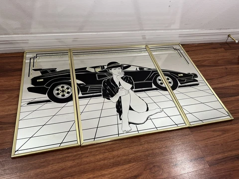 Vintage Art Deco 3 Piece Wall Hanging Mirror Women & 1980s Sports Car - 32x20 in Cover