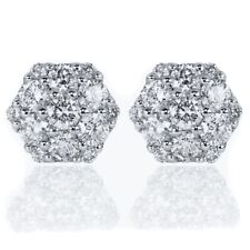 Octagon Flower Cluster White Gold 925 Sterling Silver Mens Iced Stud Earrings